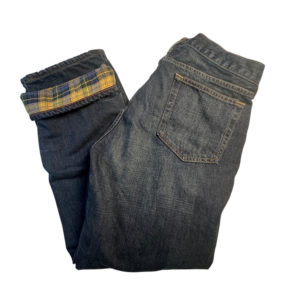 GAP Mens Flannel Lined Plaid Straight Leg Jeans Dark Wash 35x30 Made in Canada